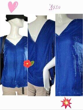 DKNY Royal Blue Velvet V-Neck Women's Top